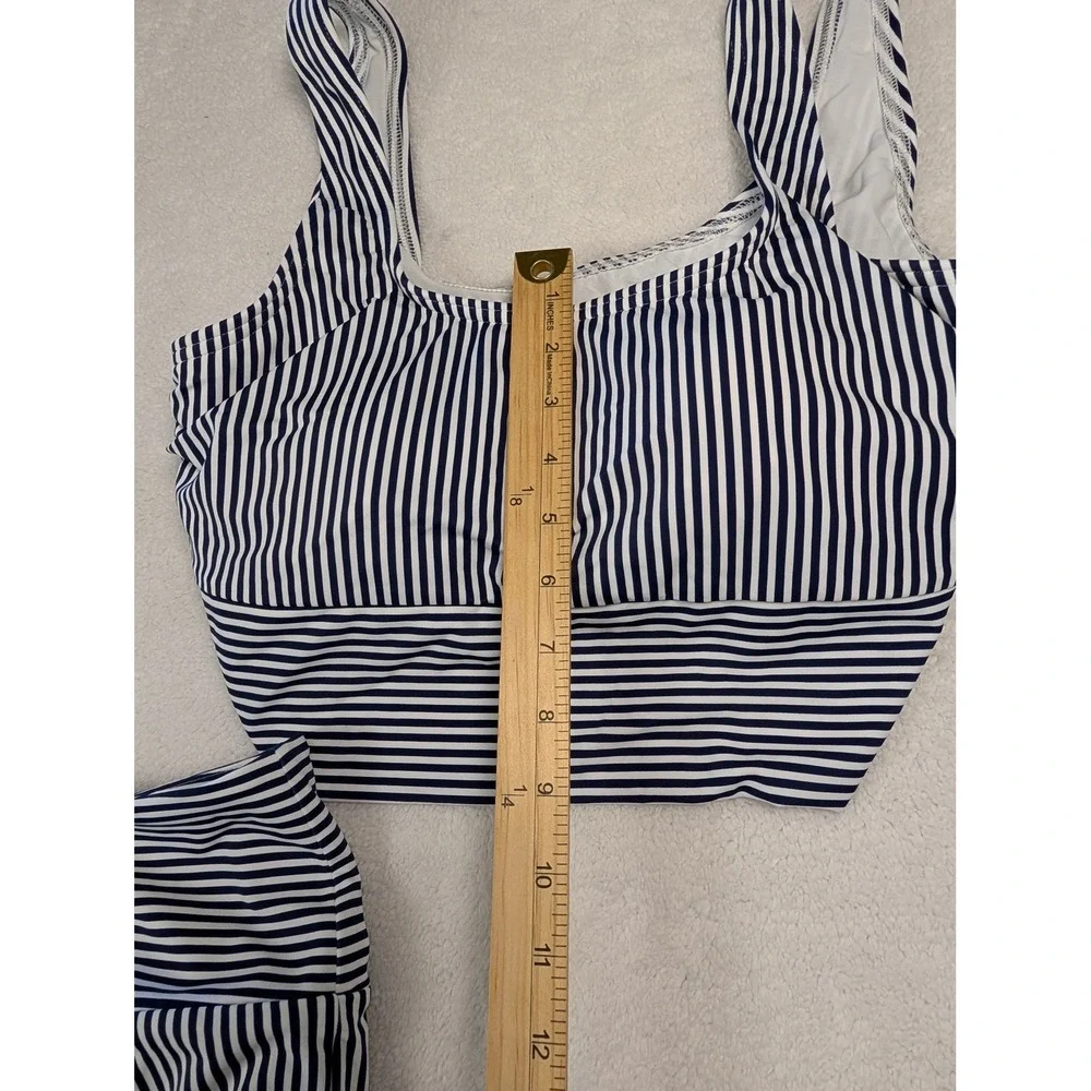 Lands End Navy White Striped High Waist Bikini Set M 10-12 Lycra Xtra Life NWT